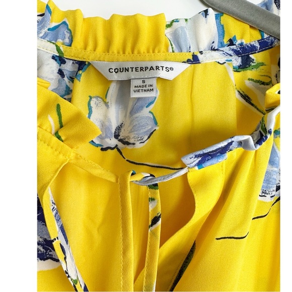 Counterparts Yellow Floral Blouse Ruffle Neck Tie Front Popover Size Small - Picture 3 of 6
